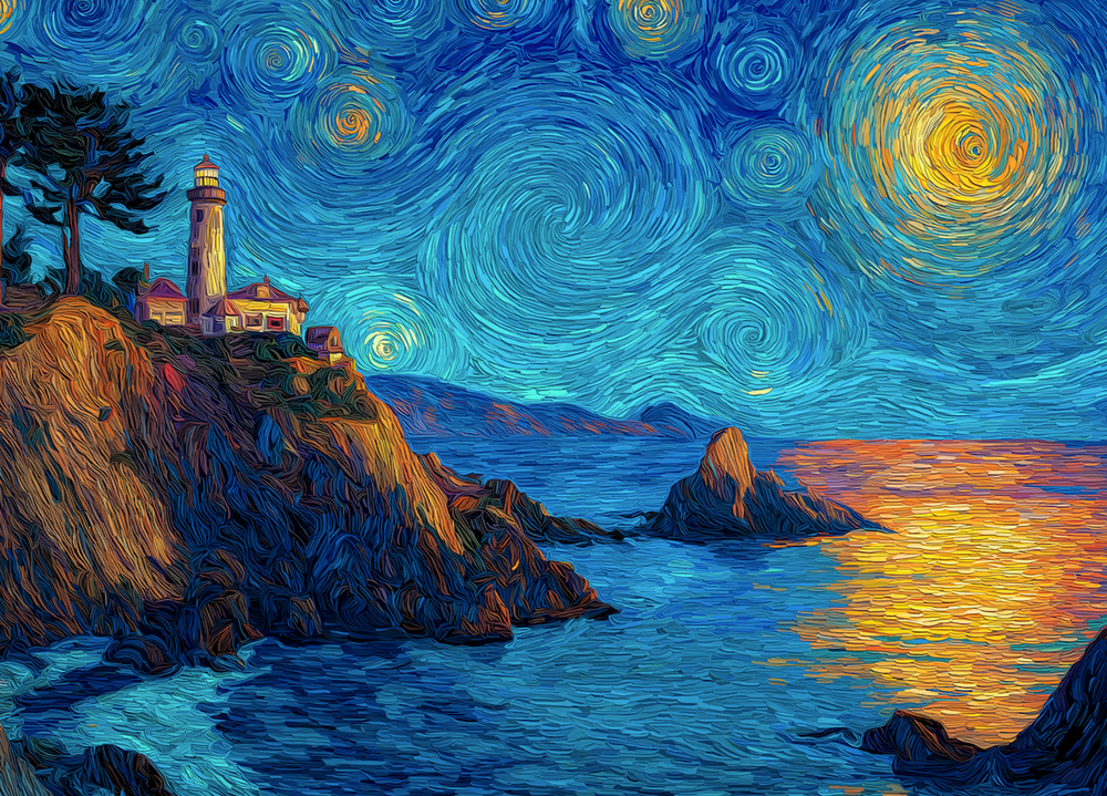 Original illustration of a dreamy lighthouse scene under a starry sky and moonlit ocean, ideal for diamond painting lovers and coastal wall art decor.