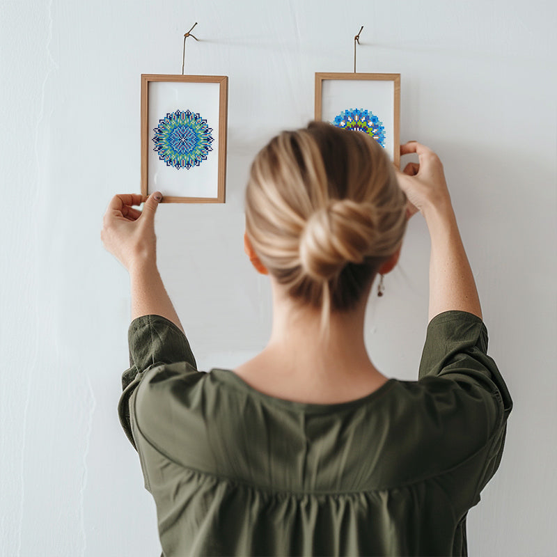 Framed mandala diamond painting displayed as elegant wall décor – handmade art that brings calm energy
