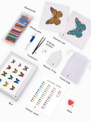 Close-up of Mini Butterfly Kingdom 2 diamond painting kit tools, including pen, tray, wax and canvas – ideal for relaxing DIY craft time.