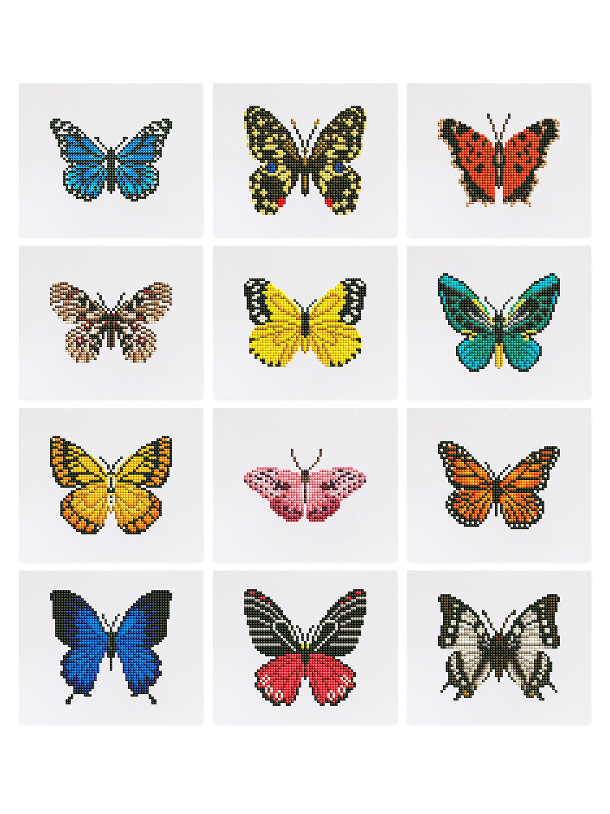Flat lay of Butterfly Kingdom 2 mini diamond painting kit, showing tools, color card, drills, and butterfly canvases – perfect beginner art set.