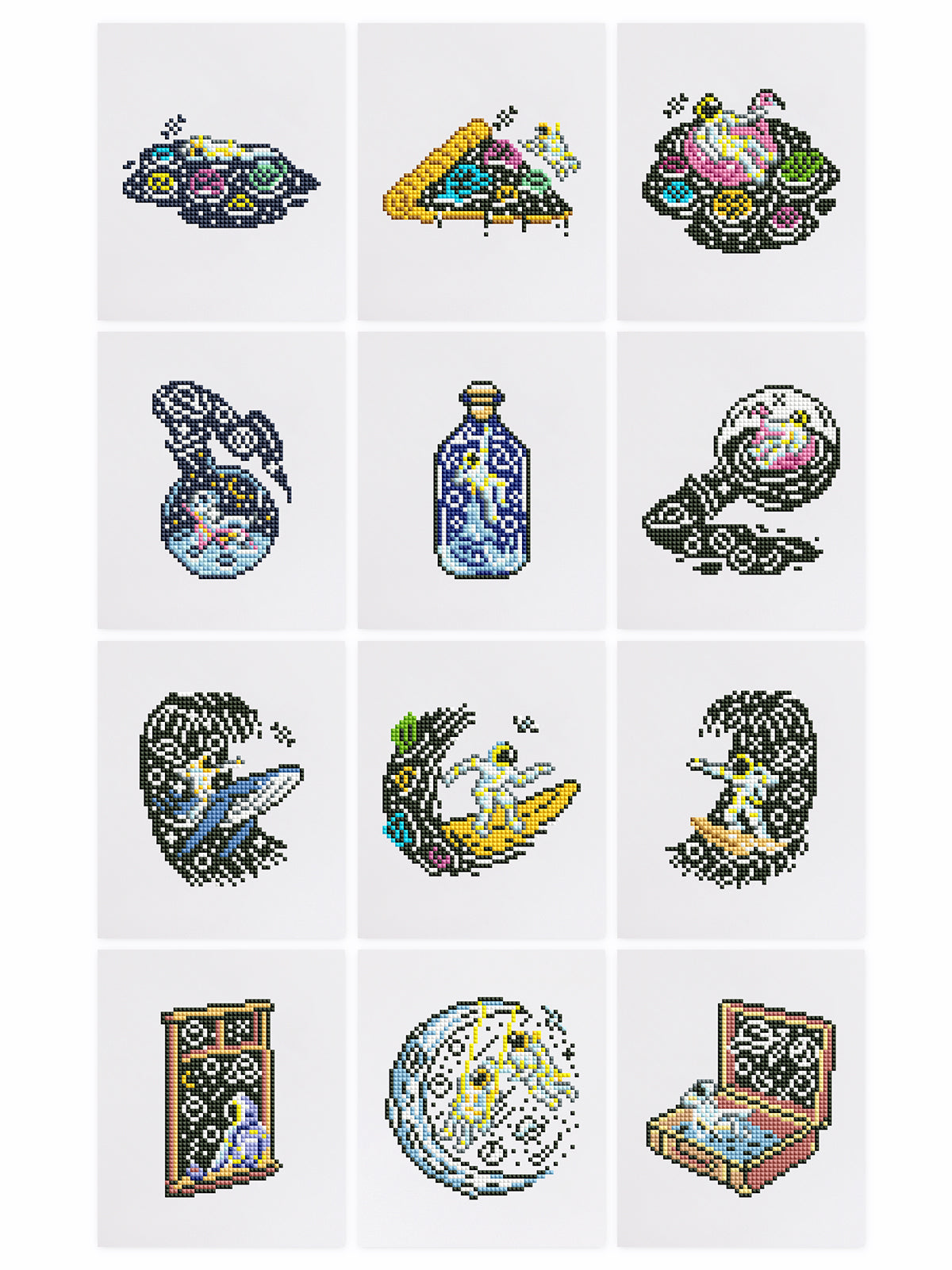 Overview of 9 colorful cosmic and space-themed mini canvases in the Cosmic Adventures kit.
