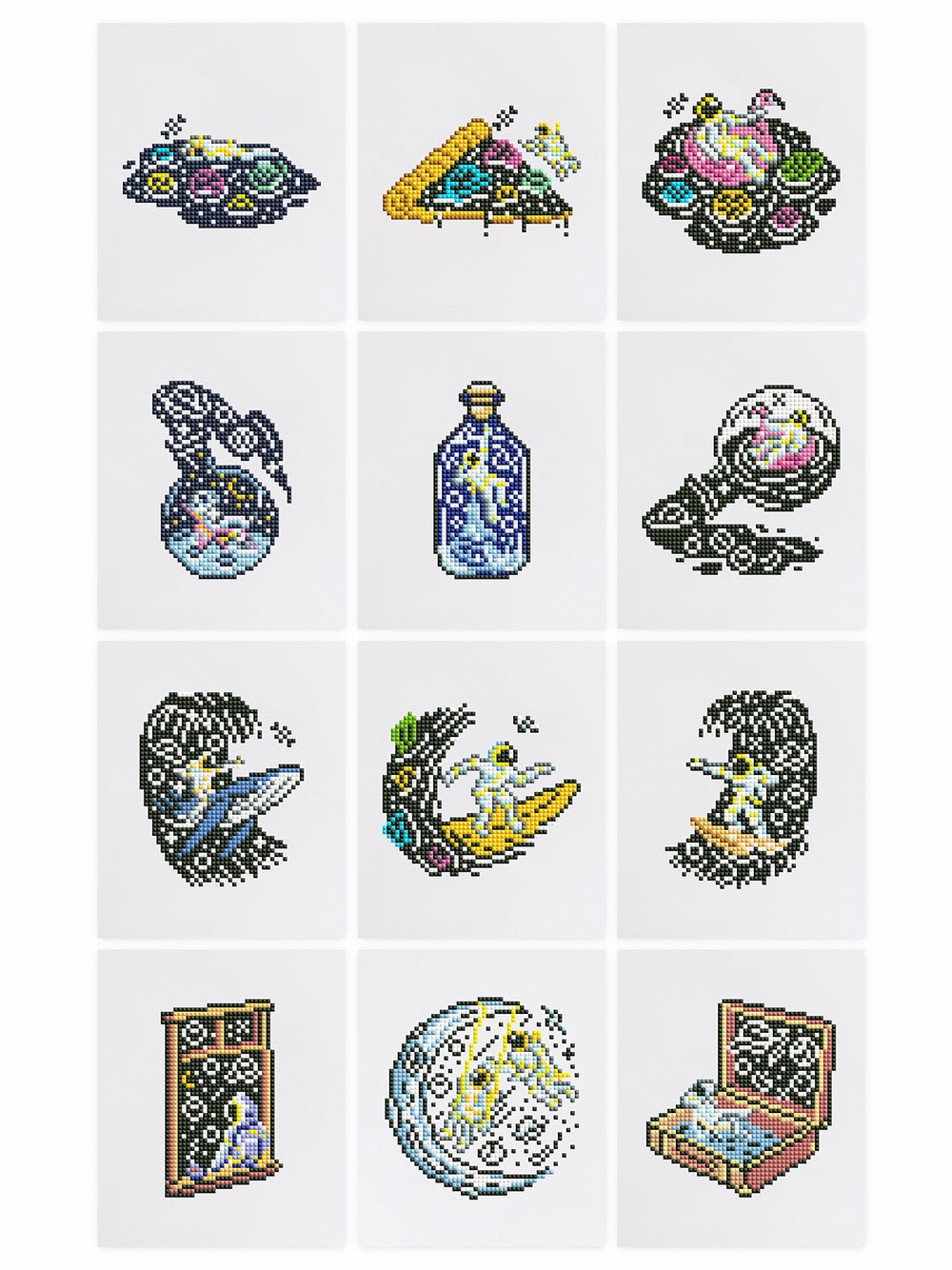 Overview of 9 colorful cosmic and space-themed mini canvases in the Cosmic Adventures kit.
