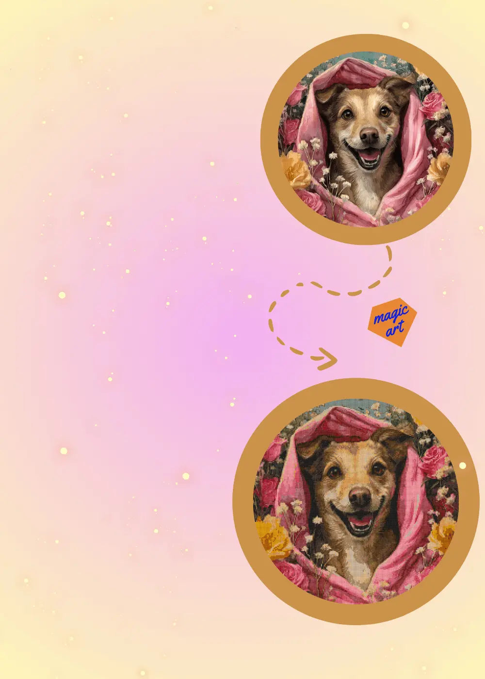 Comparison of the original and final diamond painting of a custom photo on mobile devices. The diamond painting shows the photo sent by the customer. It features a dog wearing a red scarf and smiling among roses. The diamond painting has a distinct three-dimensional effect, and the gem art kits look very shiny. The Diamond Painting Studio can turn photos of pets, kids, and special moments into beautiful diamond paintings. These make great gifts