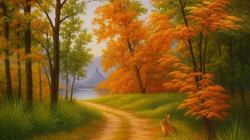 Autumn nature diamond painting kit shows a calm forest path and a cute rabbit among fall leaves. It brings a feeling of peace and warmth for seasonal art. This kit is great for diamond painting fans who enjoy natural scenes. It works well as home decor or as a gift