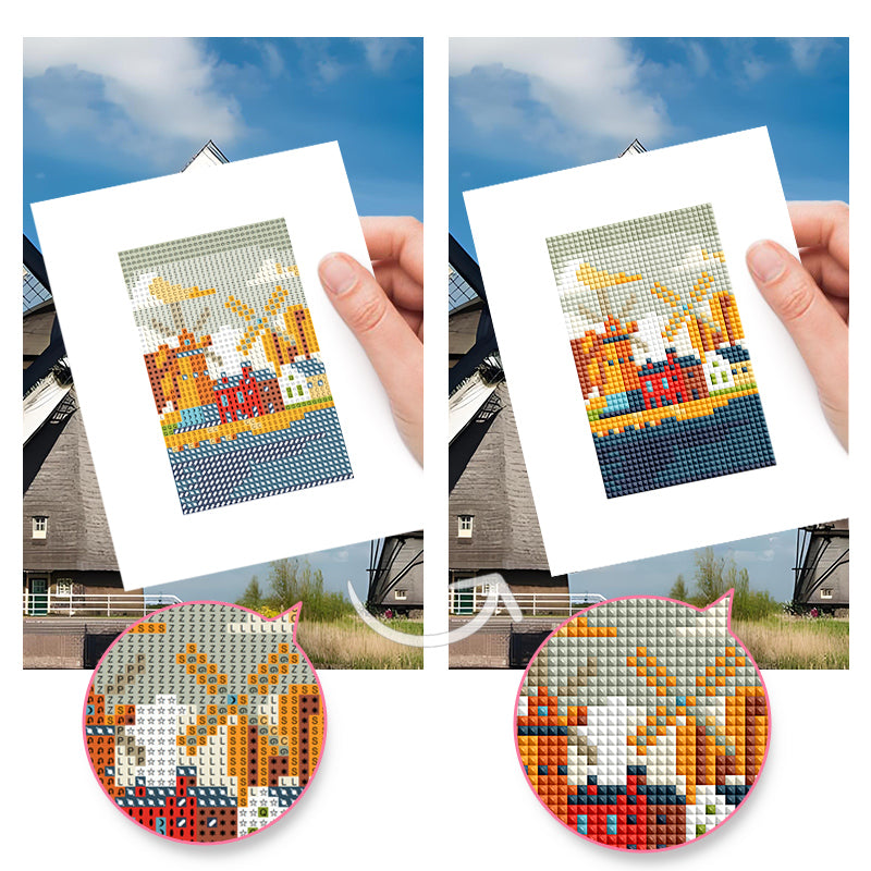 Side-by-side view showing before and after of Netherlands windmill diamond painting; great for showcasing visual clarity and easy-to-follow color code chart.
