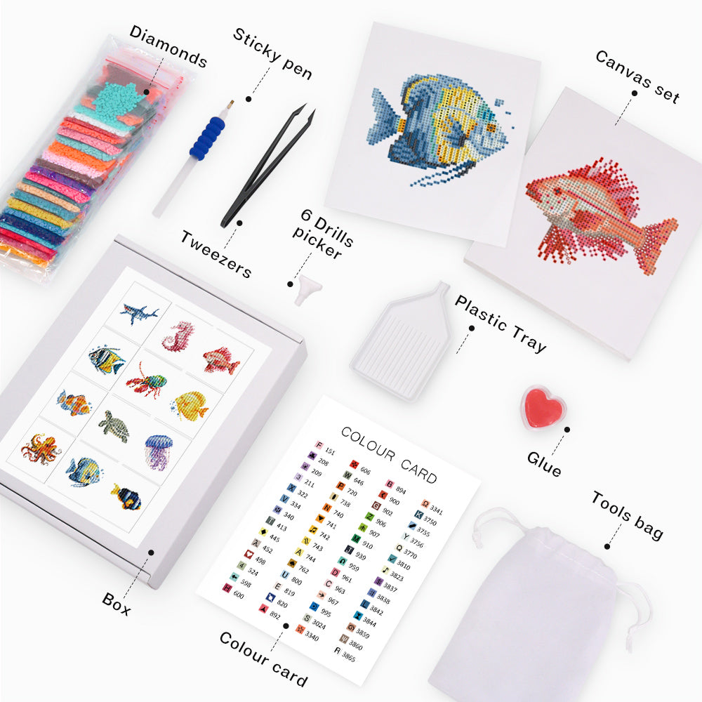 Ocean Whispers diamond painting kit layout with all tools and marine animal canvases. Great DIY project for ocean decor lovers.