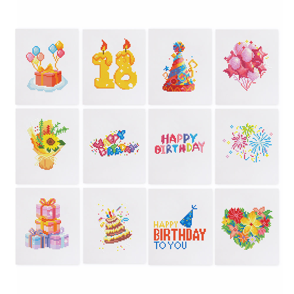 12 festive birthday-themed diamond paintings including balloons, cake, candles, and hearts—perfect for beginners and party decorations.