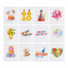12 festive birthday-themed diamond paintings including balloons, cake, candles, and hearts—perfect for beginners and party decorations.