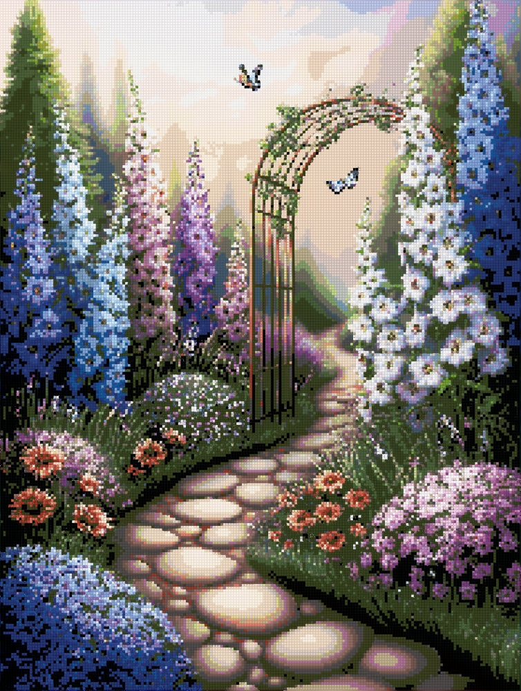 Completed diamond painting of “Path To Where” featuring vibrant resin drills on a soft square canvas, ideal for mindful crafting and home décor.