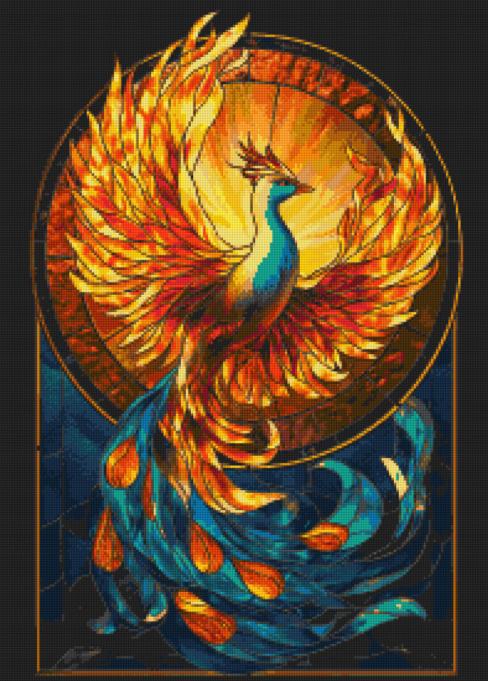 Preview of celestial phoenix diamond art kit with glowing orange feathers and starry backdrop. 50x70cm canvas with resin drills for spiritual DIY craft.