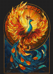 Preview of celestial phoenix diamond art kit with glowing orange feathers and starry backdrop. 50x70cm canvas with resin drills for spiritual DIY craft.