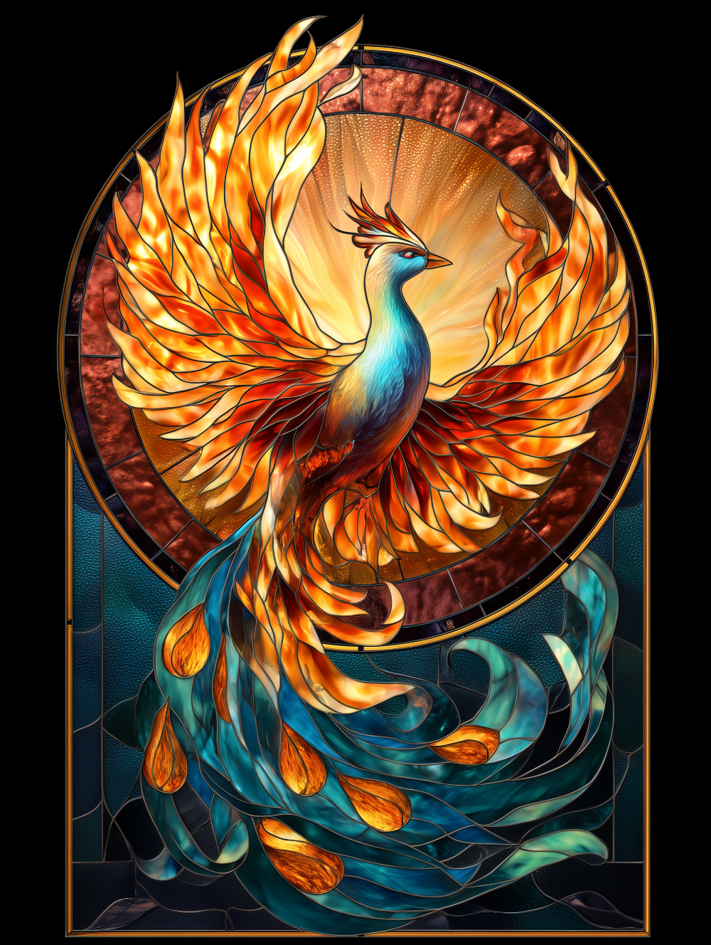50x70cm diamond painting of a cosmic phoenix with flaming wings and molten feathers. Square resin drills on soft canvas—DIY fiery rebirth decor.