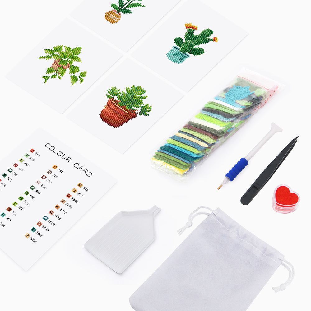 Complete plant diamond painting kit flatlay – includes canvas, color card, tools, and resin drills