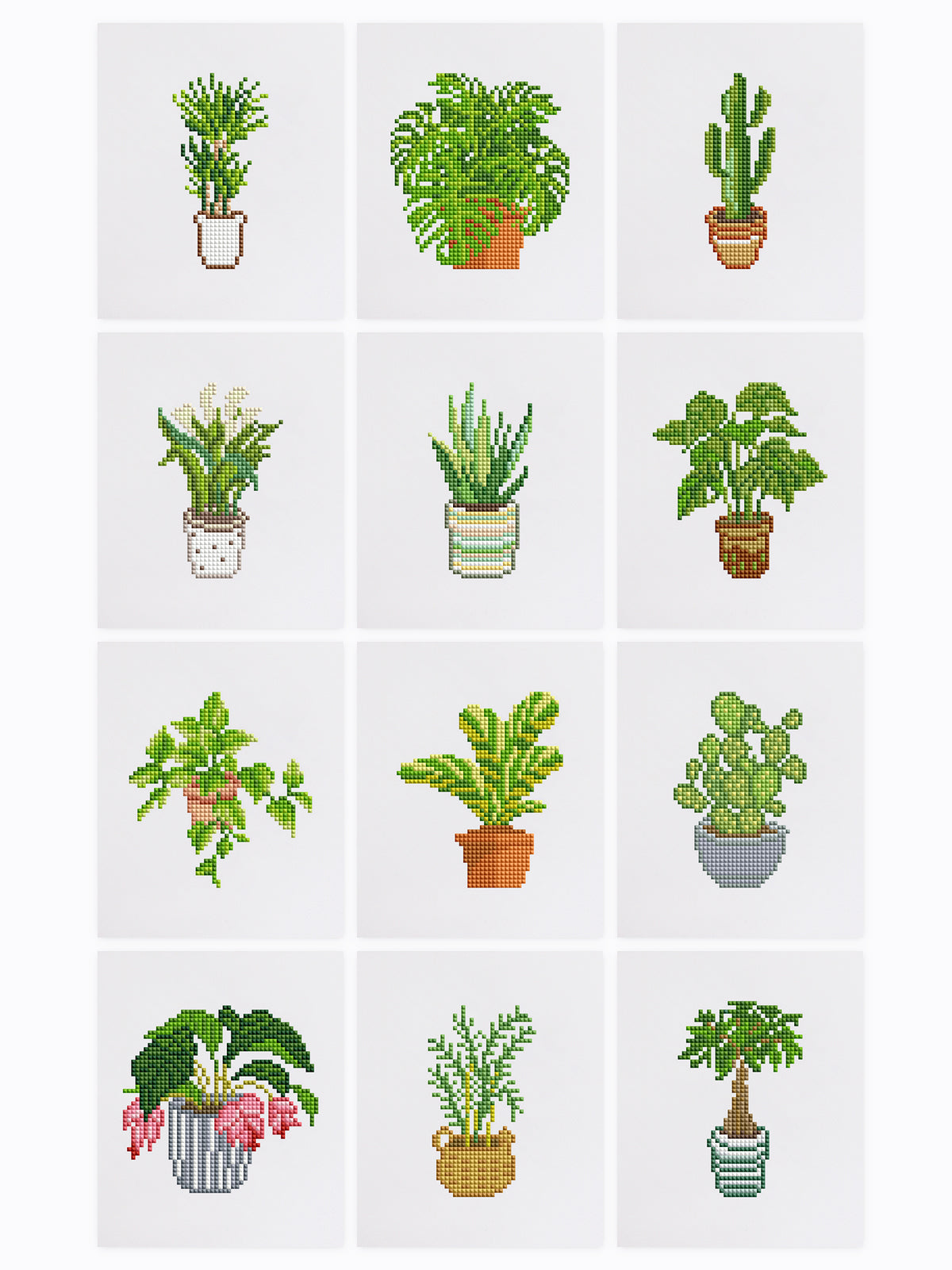 A complete set of 12 mini diamond painting canvases featuring cute potted plants—ideal for indoor plant lovers seeking a mindful DIY craft project.