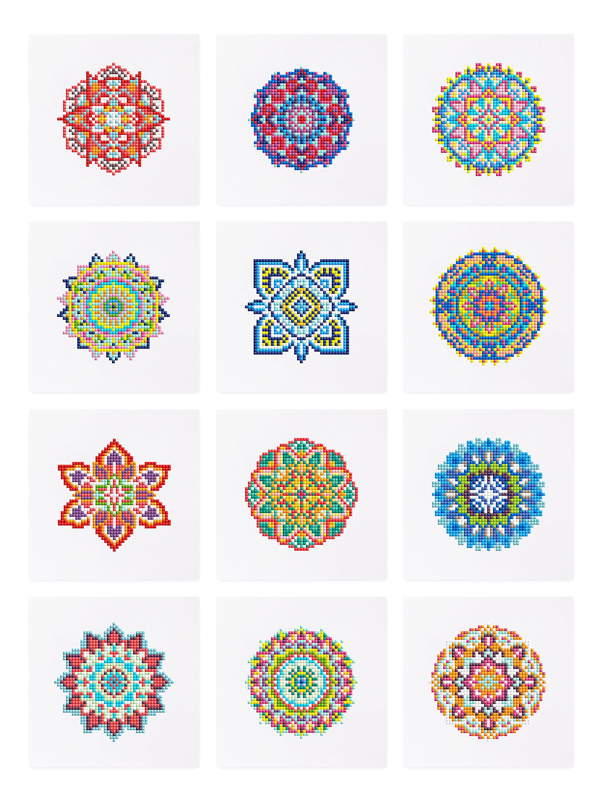 Overview of 9 colorful finished mandala patterns included in the mini kit – ideal for mindfulness and creative expression.
