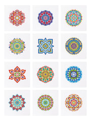 Overview of 9 colorful finished mandala patterns included in the mini kit – ideal for mindfulness and creative expression.
