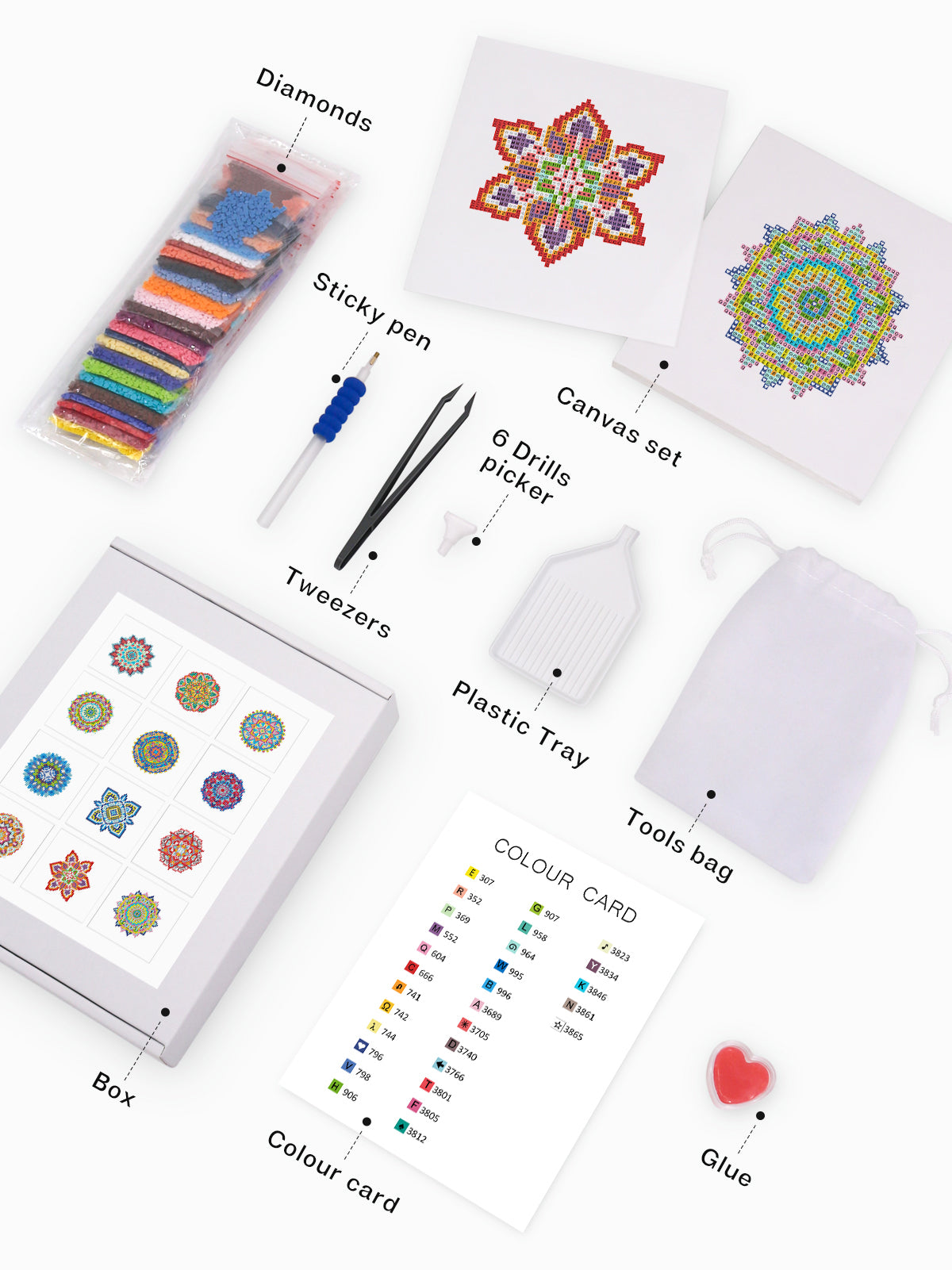 Complete rainbow mandala kit contents with tools and canvas displayed for DIY diamond painting beginners.
