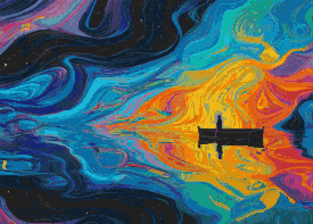 Finished “Stellar Voyager” diamond painting kit with vibrant resin drills on soft square canvas, ideal for galaxy diamond art DIY and spiritual home décor.