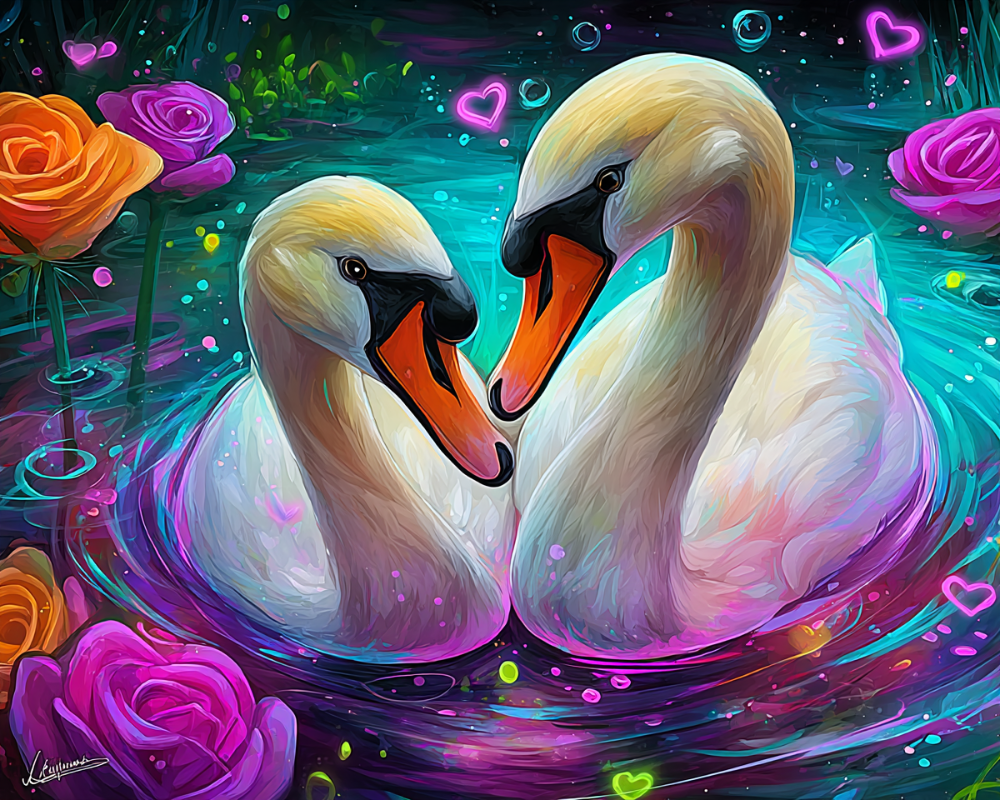 50x40cm romantic swan diamond painting kit—two swans embrace in a floral lake, with square resin drills on soft canvas for DIY lovers’ decor.