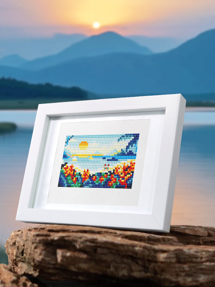 Vibrant sunset beach scene in diamond art, framed and leaning on palm tree bark – ideal for tropical vibes.
