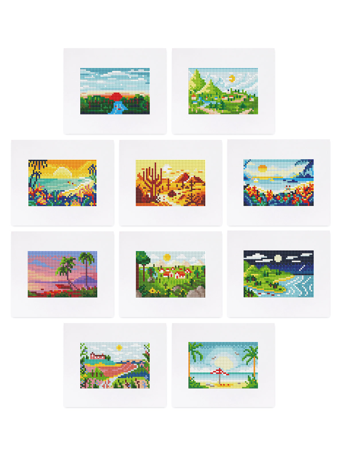 Preview of all 9 scenic mini canvas designs in one image, featuring vibrant mountains, lakes, beaches, and fields.
