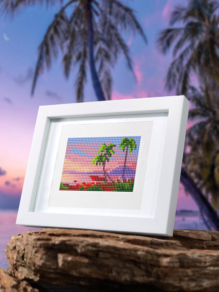 Bright island beach scene with palm trees and blue water, captured in resin diamond canvas art.
