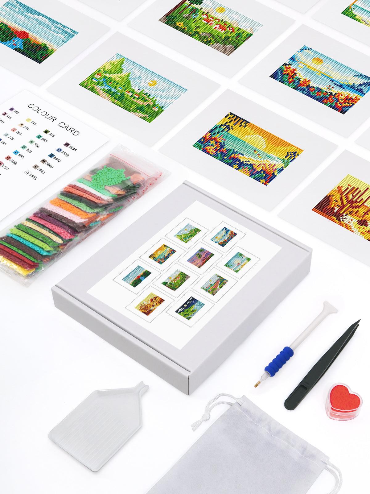 Scenic Vistas diamond painting kit flat lay with full tool set, color guide, and framed mini landscapes – ideal for beginners.
