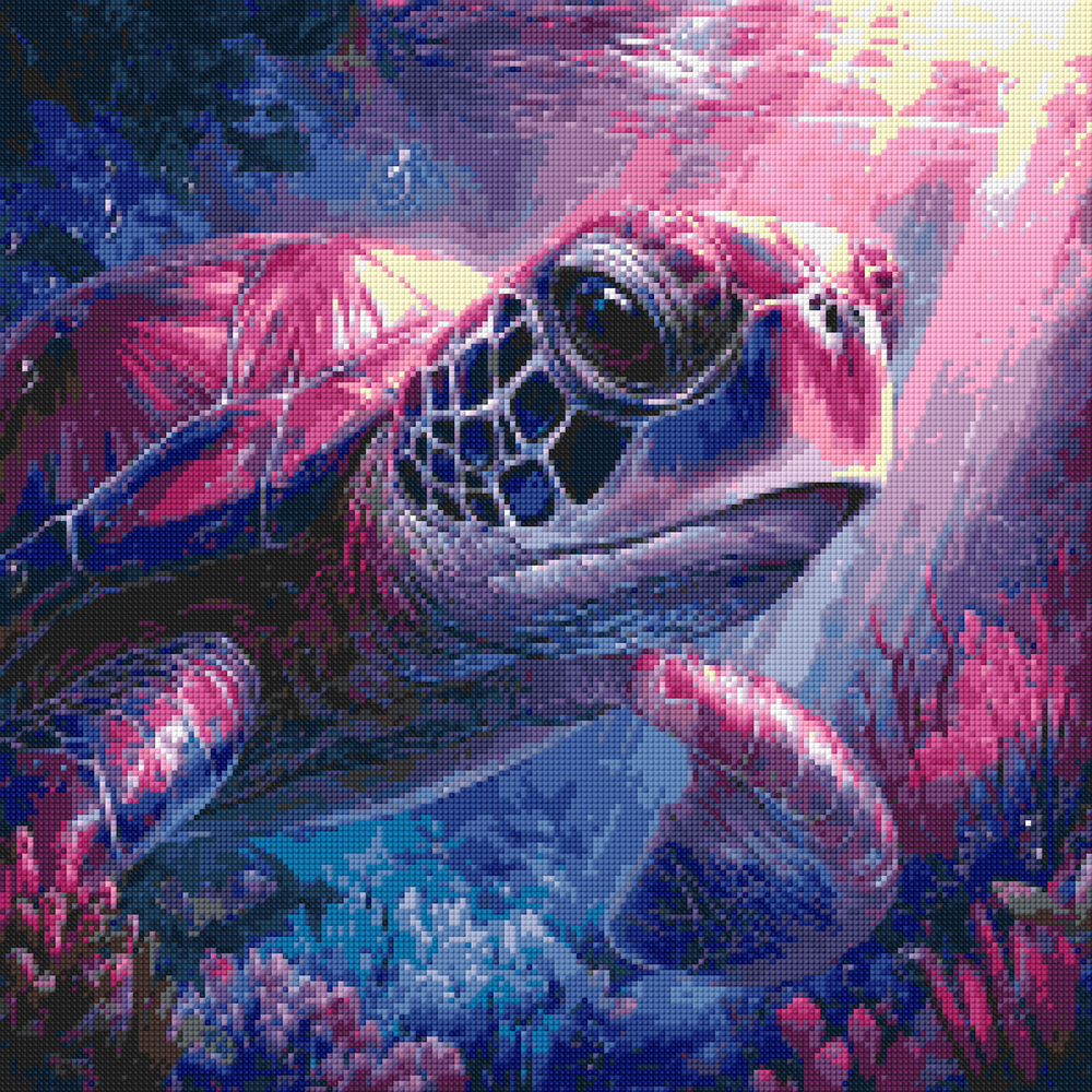 Preview image of sea turtle diamond painting with colorful reef, 50x50cm kit featuring resin drills and premium soft canvas for aquatic art fans.
