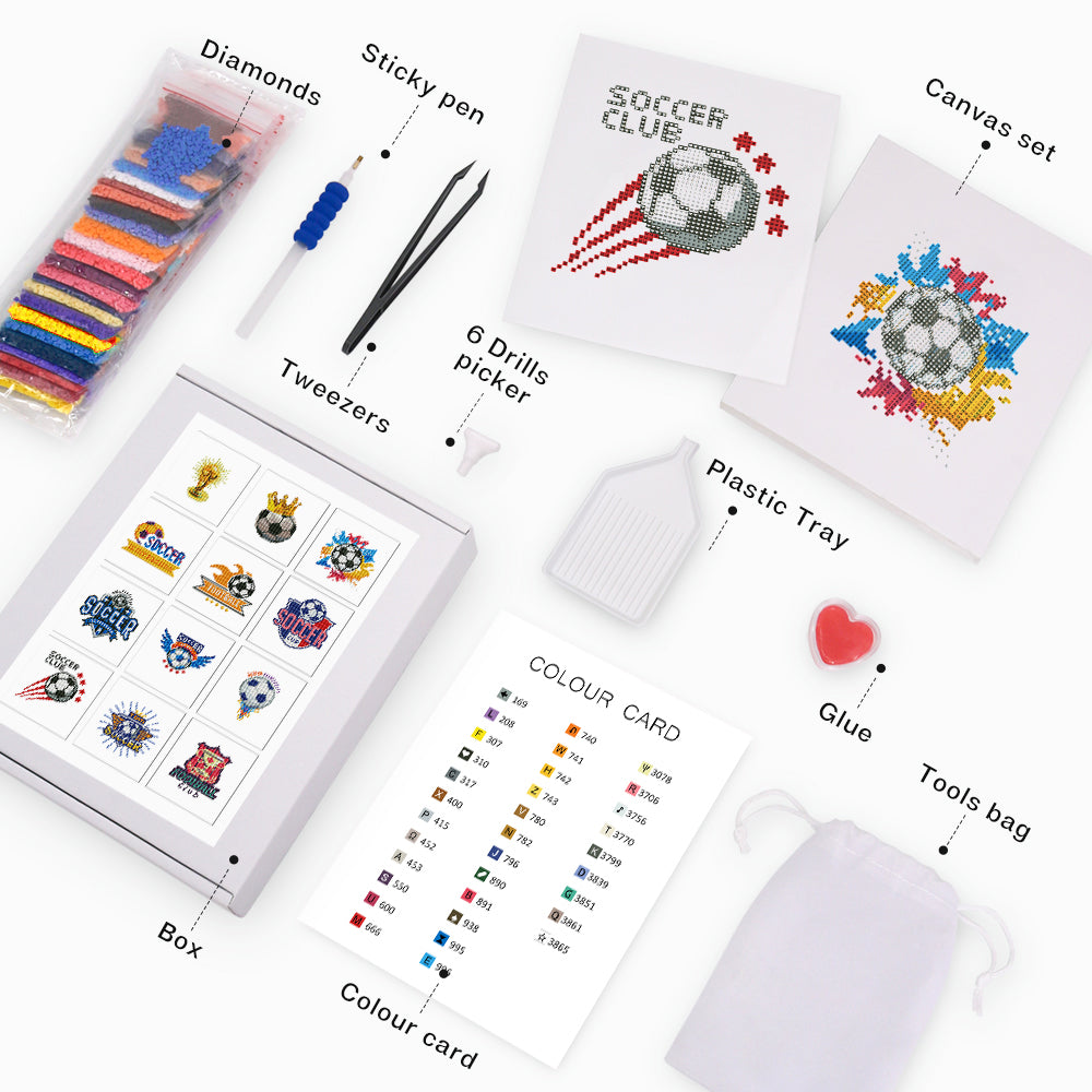 Complete soccer diamond painting kit with 12 canvas pieces, tools, resin diamonds, glue, and accessories—ideal for beginners and sports lovers.