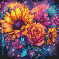 50x50cm Sparkling Heart diamond painting kit—sunflowers and roses bloom inside a vibrant heart shape. Square resin drills and soft canvas for bold floral DIY decor.