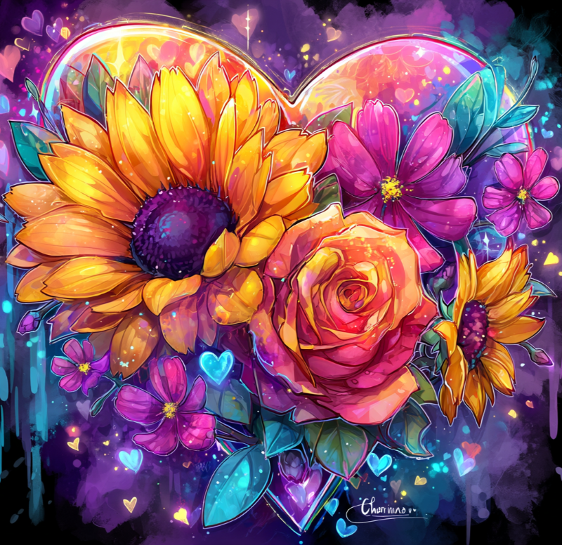 50x50cm Sparkling Heart diamond painting kit—sunflowers and roses bloom inside a vibrant heart shape. Square resin drills and soft canvas for bold floral DIY decor.