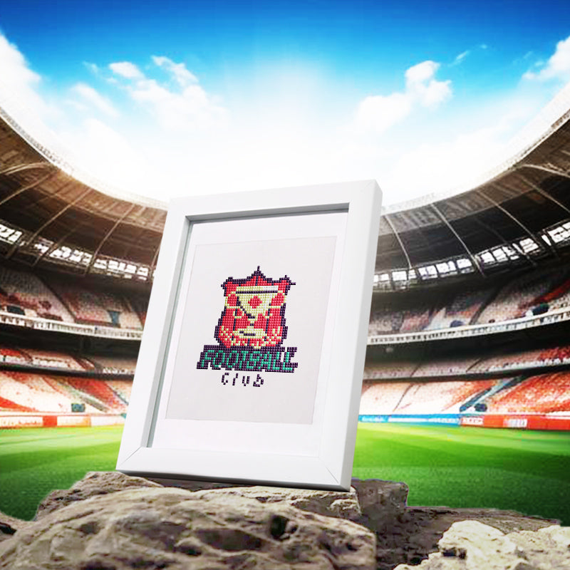 Framed soccer diamond painting displayed in stadium background. Great décor for boys’ room or man cave.