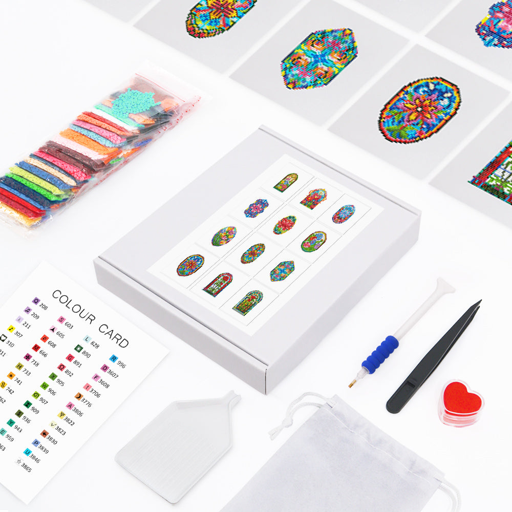 Diamond painting kit accessories including color chart, resin drills, tray and pen. Complete set for DIY stained glass window artwork.
