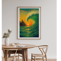 Finished diamond painting of a golden ocean wave and sunset hanging on a living room wall above a dining table.