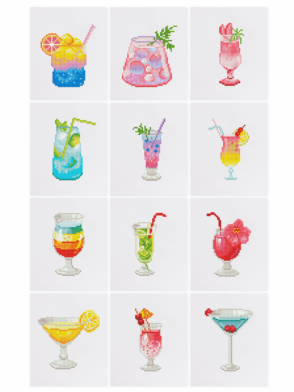 9 mini tropical cocktail-themed diamond painting canvases including mojito, pina colada, and fruity drinks.
