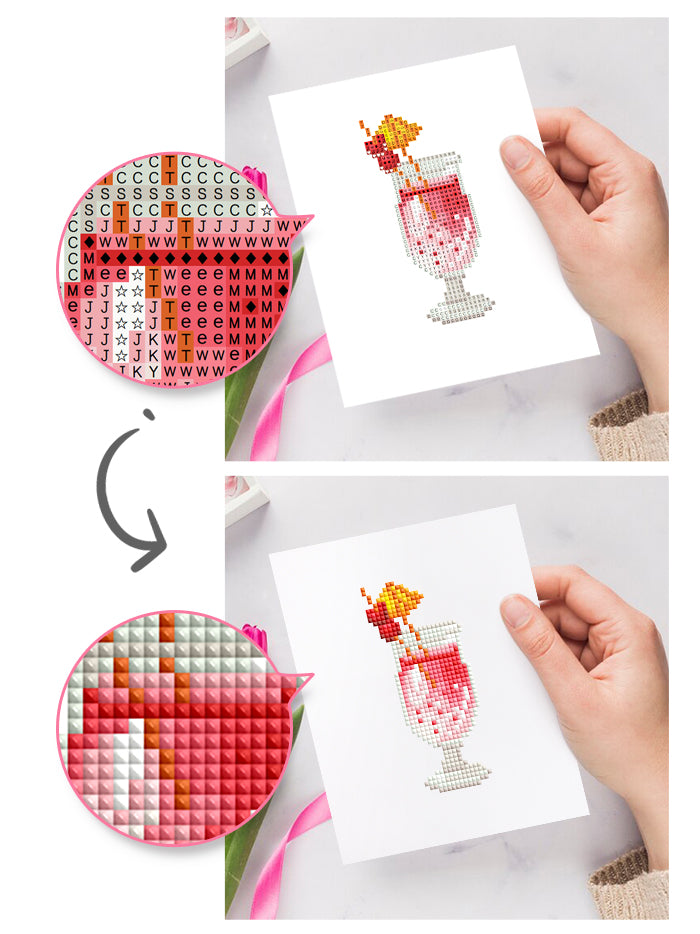 Close-up of hands creating tropical cocktail diamond art – fun and easy for beginners.
