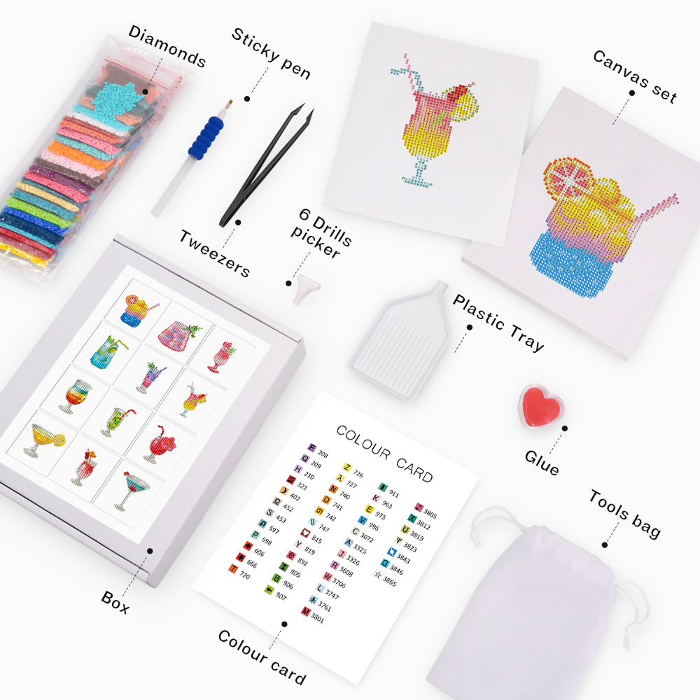 Flat lay of Tropical Sips diamond painting kit with all tools and colorful cocktail designs included.
