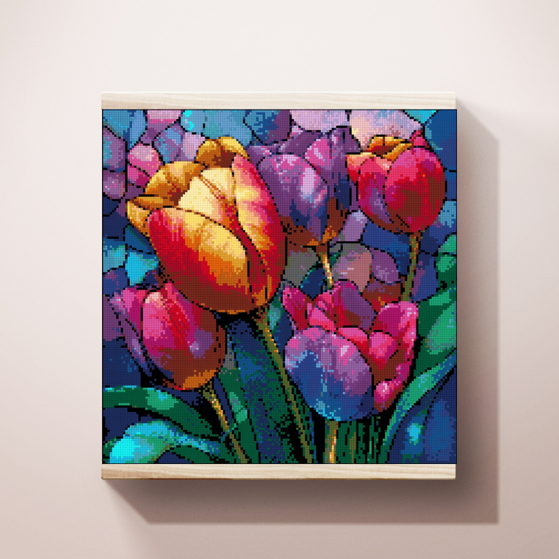 Close-up view of a colorful tulip bouquet diamond painting with resin drills on soft canvas, perfect for spring decor or relaxing DIY time and who like flower diamond art