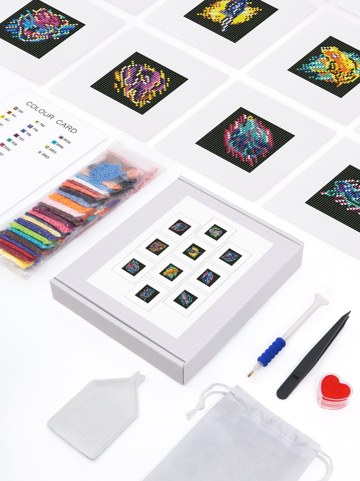 Unboxing gem art tools and contents of futuristic animal mini diamond kit — includes canvas, drills, pen, tray.