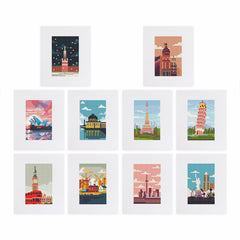 Overview of all Mini Kits in the Wanderlust Towers series, featuring famous landmarks in resin drill format.
